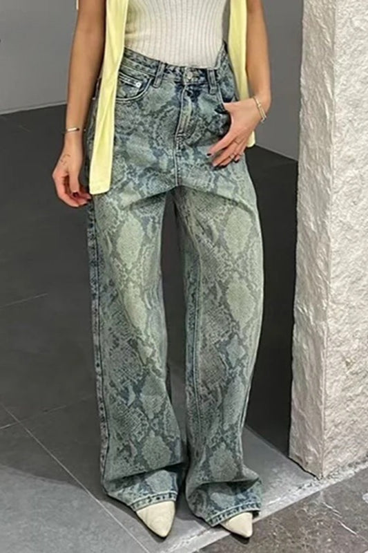 Serpentine Print Low Waist Straight Leg Jeans