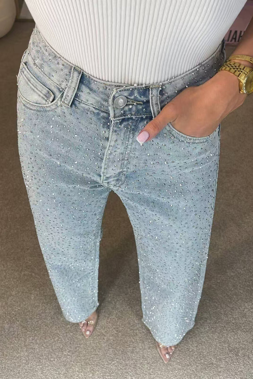 Rhinestone Washed High Waist Jeans