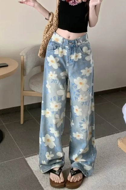 Washed Floral Print Baggy Jeans