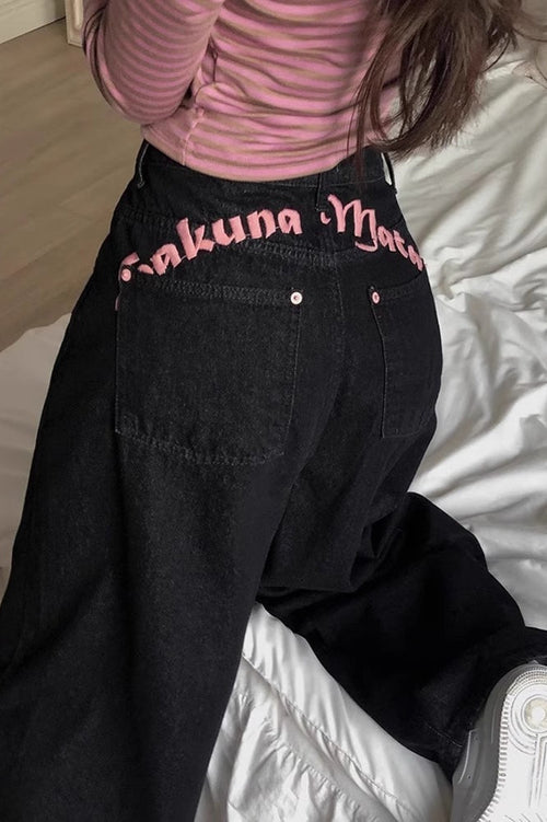 Black Embroidery Letter Print High Waist Jeans