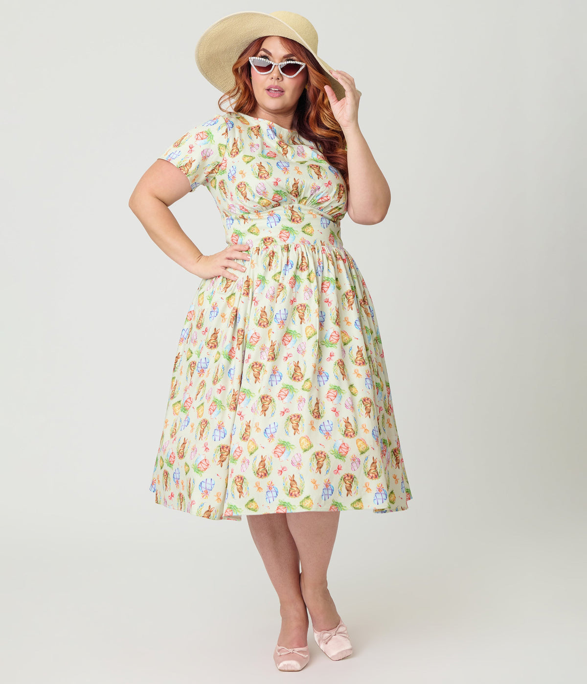 Unique Vintage Plus Size Green Easter Bunny Print Swing Dress