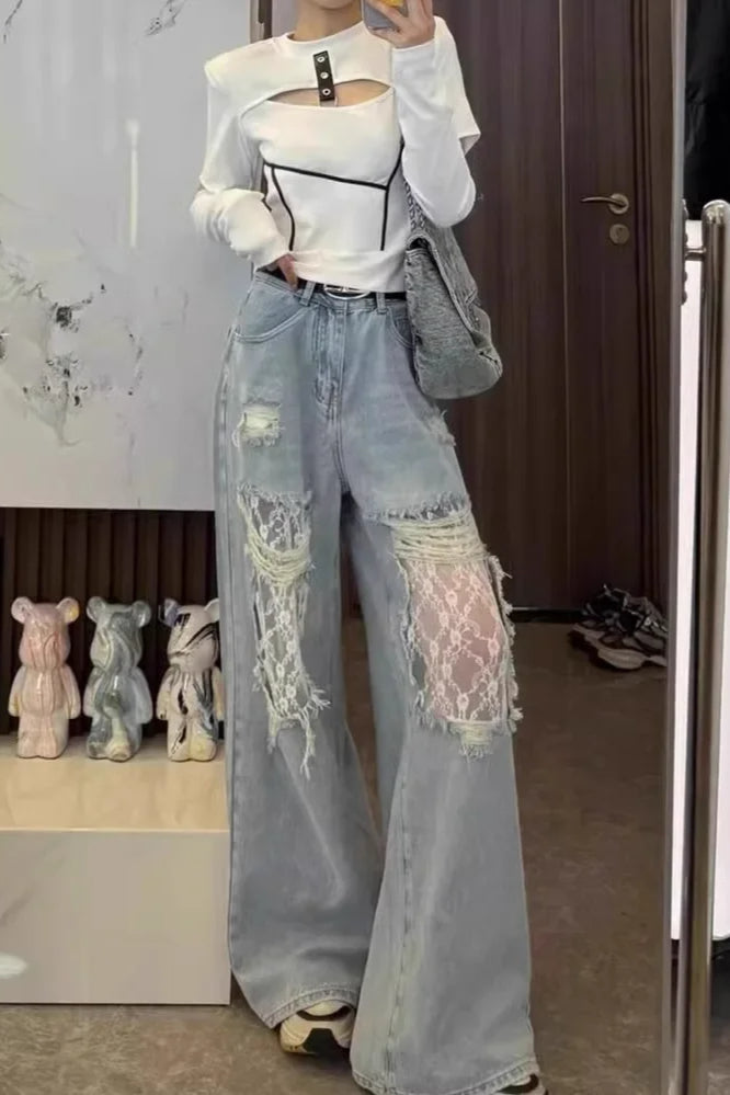 Lace Panel High Waist Wide Leg Jeans