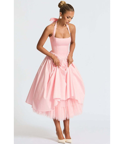 Light Pink Halter Flare Midi Dress