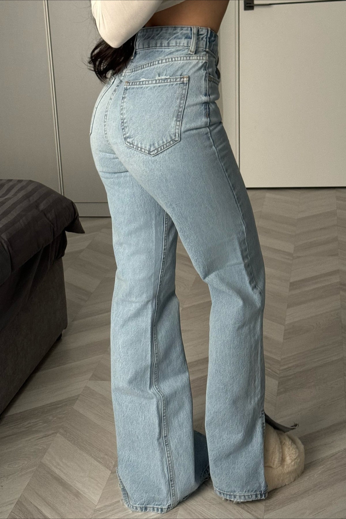 Asymmetric Elastic Waist Split Hem Denim Jeans