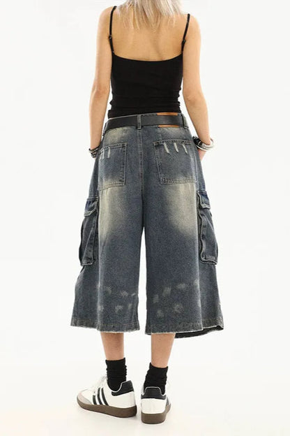 Vintage Washed Workwear Cropped Jeans