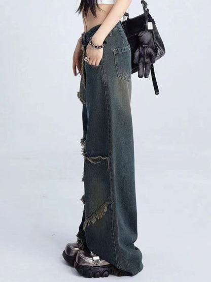 Vintage Raw Trim Boyfriend Jeans with Star Patchwork