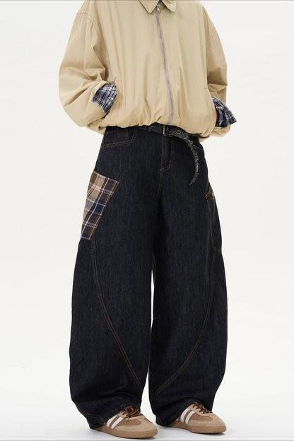 Plaid Patchwork Slouchy Retro Curved Denim Jeans