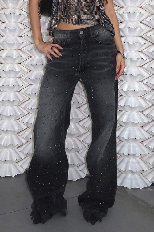 Washed Gradient Rhinestone Jeans