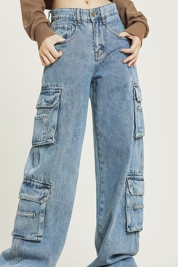 Vintage Washed Wide Leg Cargo Jeans