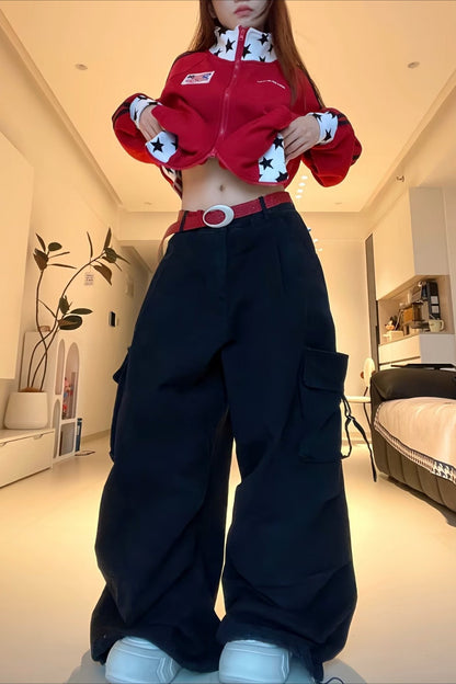 Letter Print Cargo Wide Leg Jeans