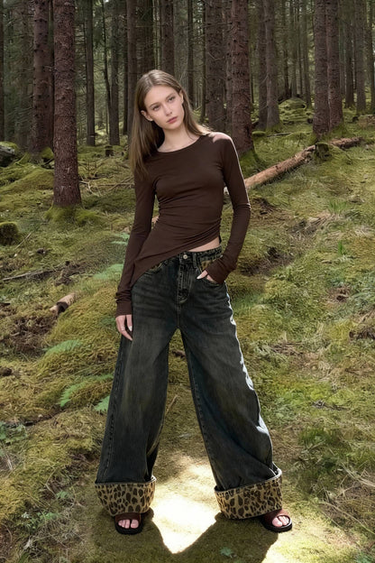 Retro Leopard Print Wide Leg Jeans