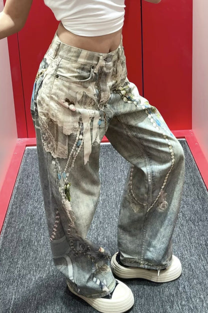 Lace Pearl Chain Printed Vintage Washed Casual Jeans