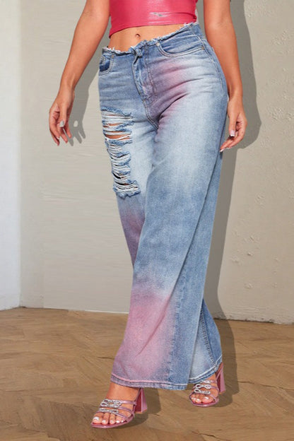 Ripped Color Block Ink Splash Distressed Jeans