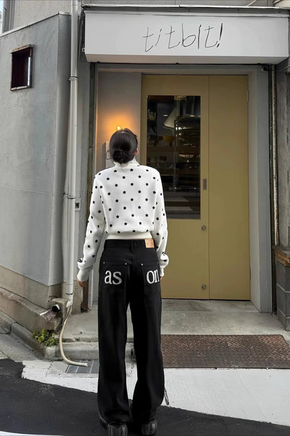 High Waist Embroidered Letter Pocket Loose Straight Jeans