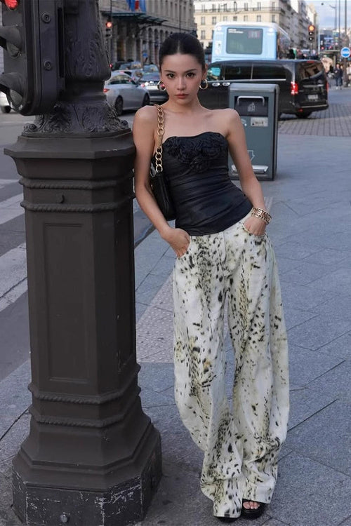 Vintage Washed Leopard Wide Leg Jeans