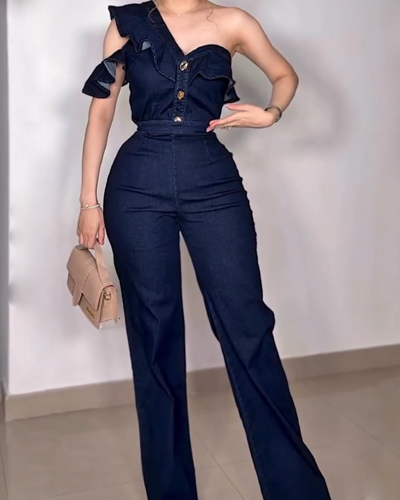 One-Shoulder High-Waist Denim Set (Pre-Sale)