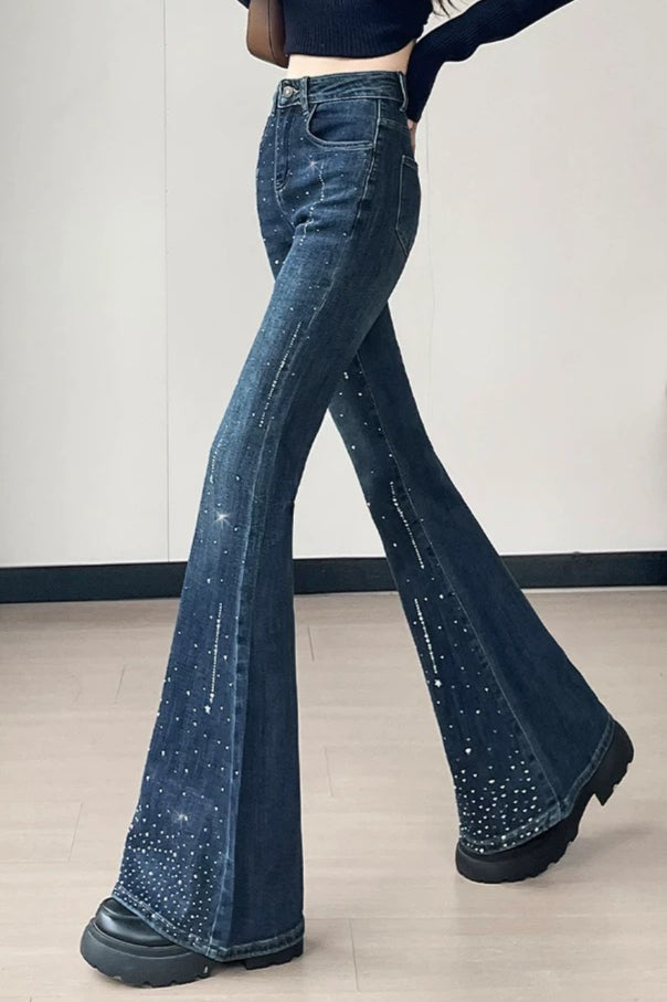 Sparkly Rhinestone High Waist Flare Jeans