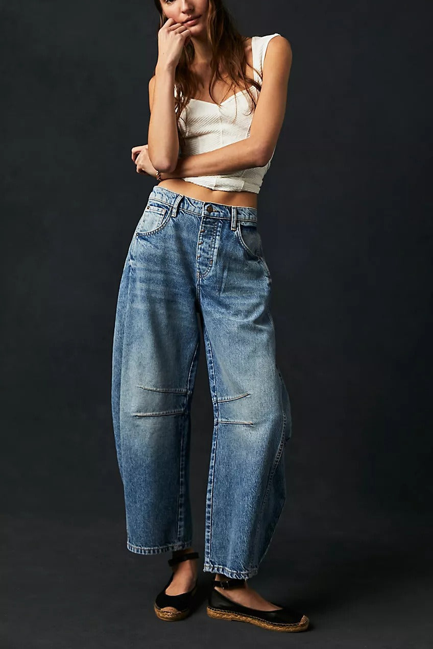 Mid Rise Washed Relaxed Wide Leg Jeans