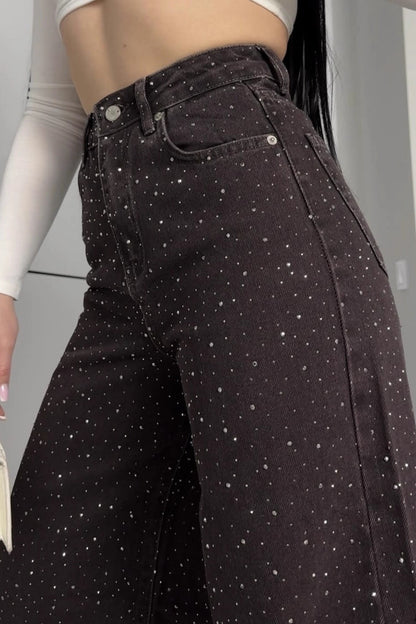 Retro Rhinestone High Waist Wide Leg Jeans