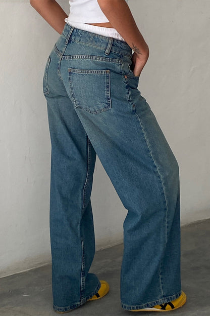 Vintage Low Rise Washed Straight Jeans