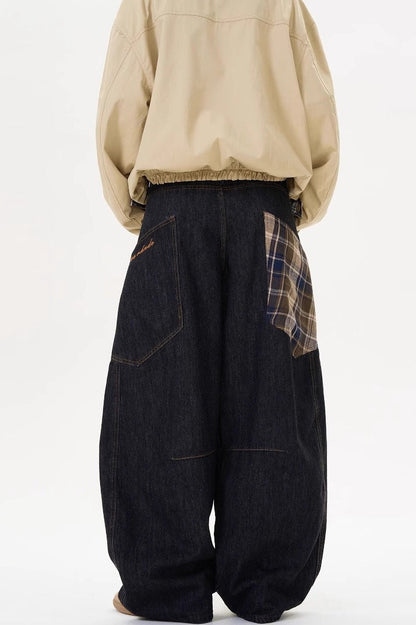 Plaid Patchwork Slouchy Retro Curved Denim Jeans