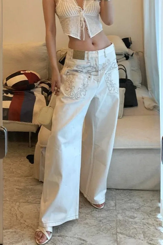 High Waist Printed Patchwork Jeans