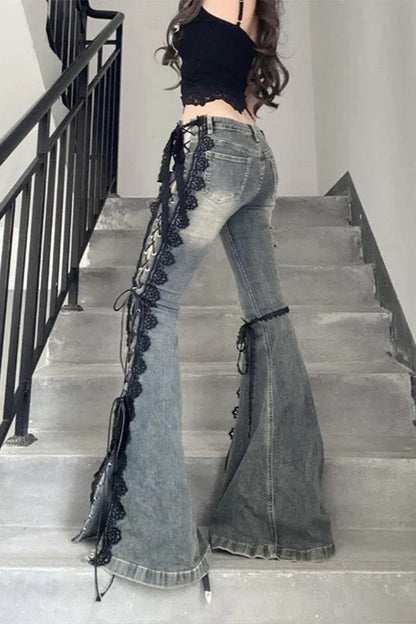 Flare Lace Bandage Denim Jeans