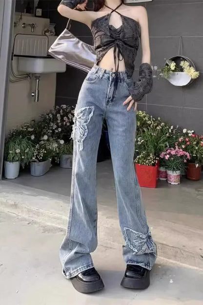 Washed Butterfly Embroidered Flared Jeans