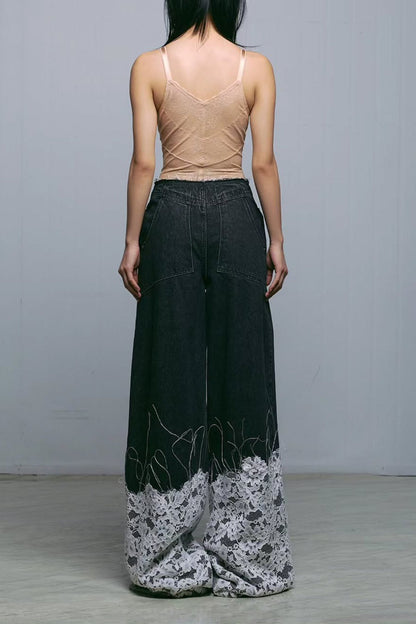 Lace Panel Wide Leg Jeans