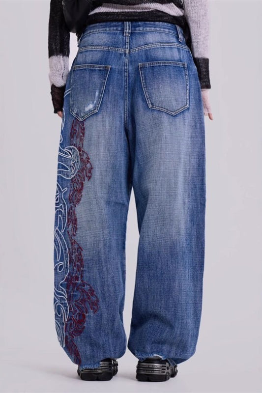 Vintage Embroidered Washed Slouchy Street Casual Jeans