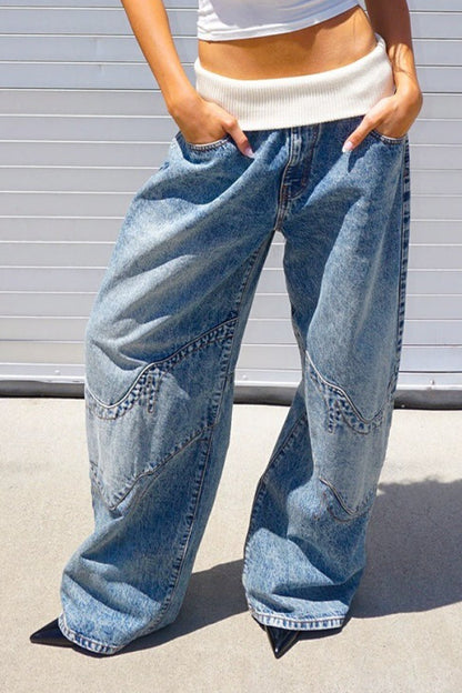 Vintage Patchwork Low Waist Straight Loose Jeans