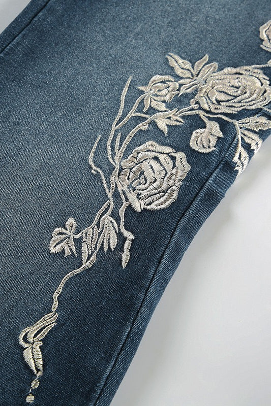 Vintage Gradient Rose Embroidery Bootcut Jeans