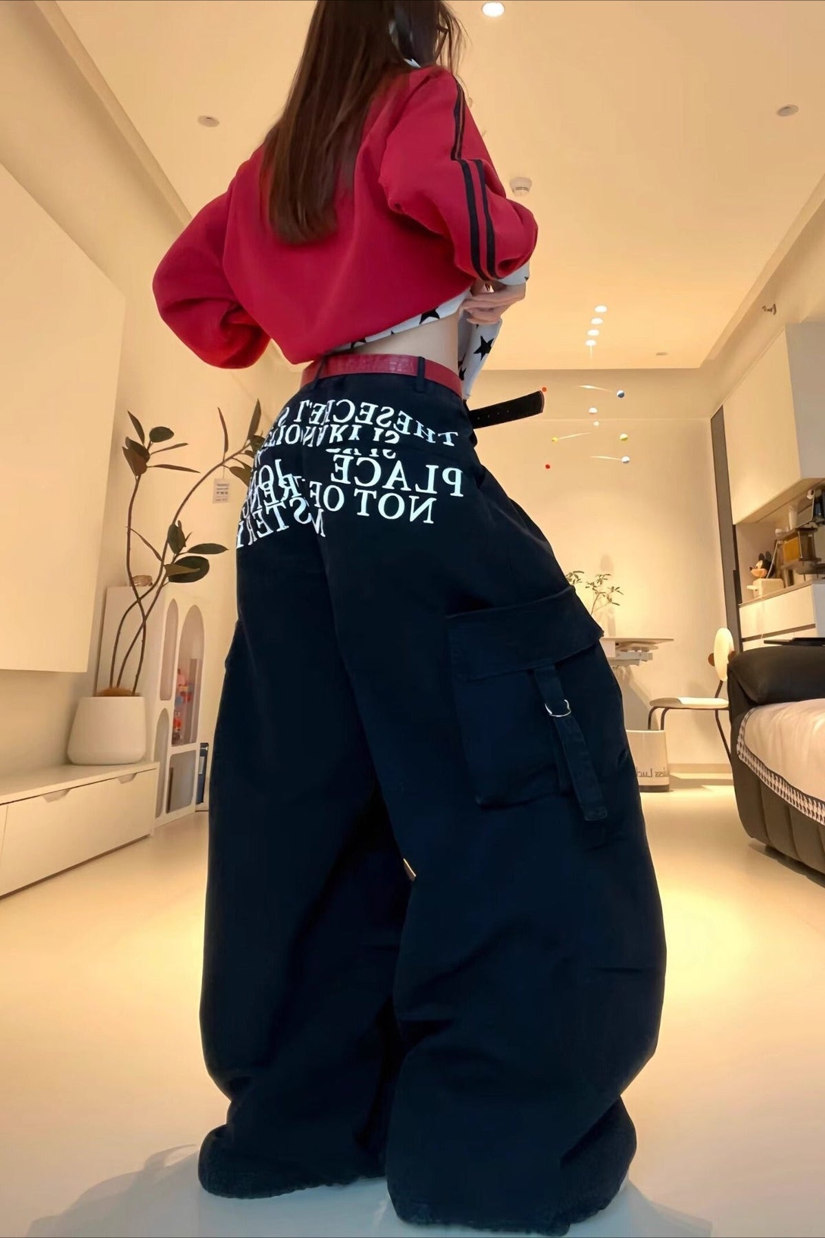 Letter Print Cargo Wide Leg Jeans