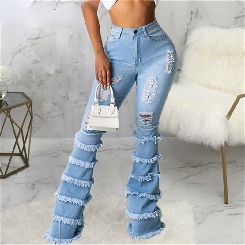 DressBetty - High Waist Stretch Denim Washed Destroyed Holes Ripped Tassel Skinny Flare Jeans