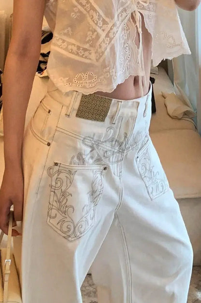 High Waist Printed Patchwork Jeans