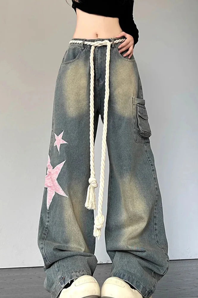 Wide Leg Patchwork Heart Jeans