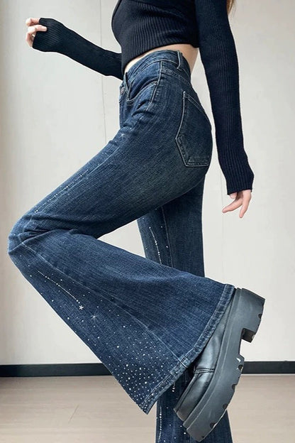 Sparkly Rhinestone High Waist Flare Jeans