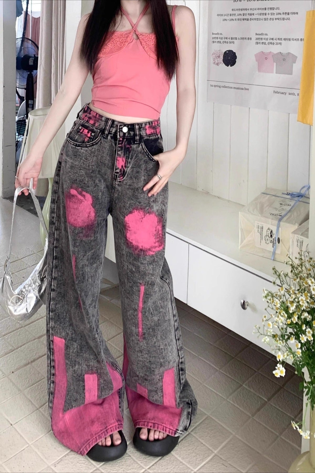 Graffiti Print High Street Straight Wide Leg Flowy Jeans