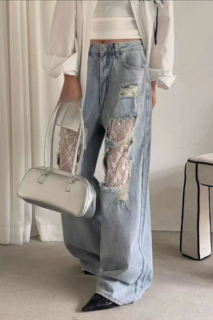 Lace Patchwork Ripped Loose Jeans