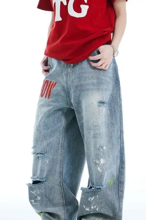 Washed Embroidered Loose Jeans