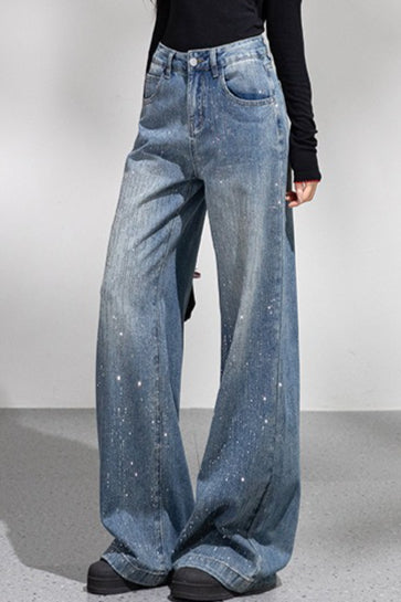 Sparkly Rhinestone Loose Wide Leg Jeans