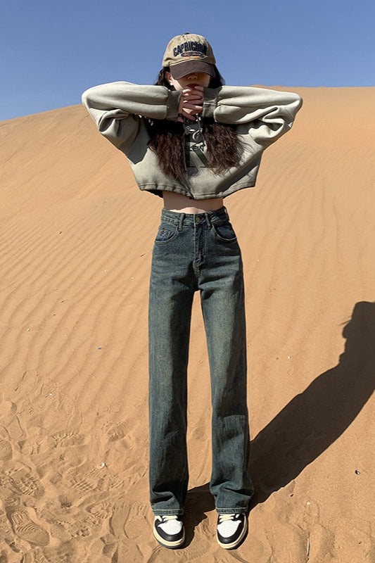 Cement Gray High Waist Straight Wide Leg Extended Jeans
