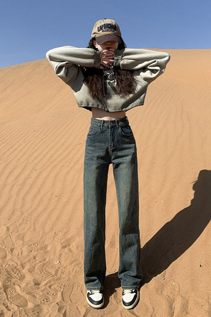 Cement Gray High Waist Straight Wide Leg Extended Jeans