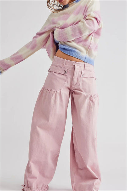 Ruched Mid Rise Wide Leg Jeans