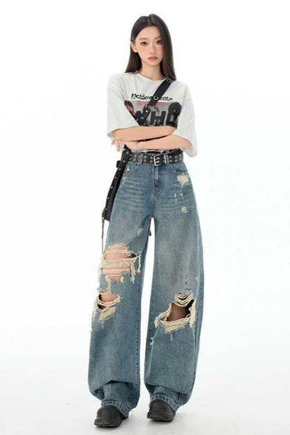 Retro Distressed Long Straight Leg Jeans