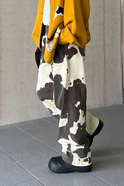 Baggy Cow Pattern Wide Leg Jeans