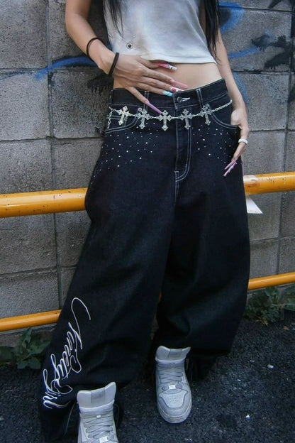 Angel Wing Embroidery Rhinestone Straight Jeans