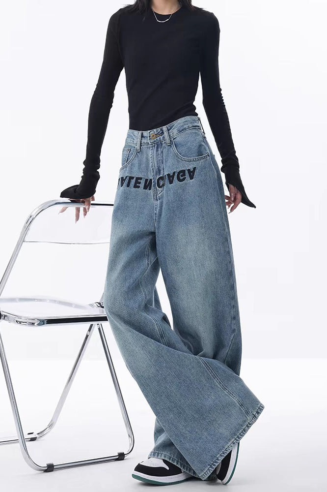 High Waist Wide Leg Loose Floor Length Jeans