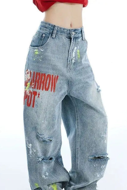 Washed Embroidered Loose Jeans