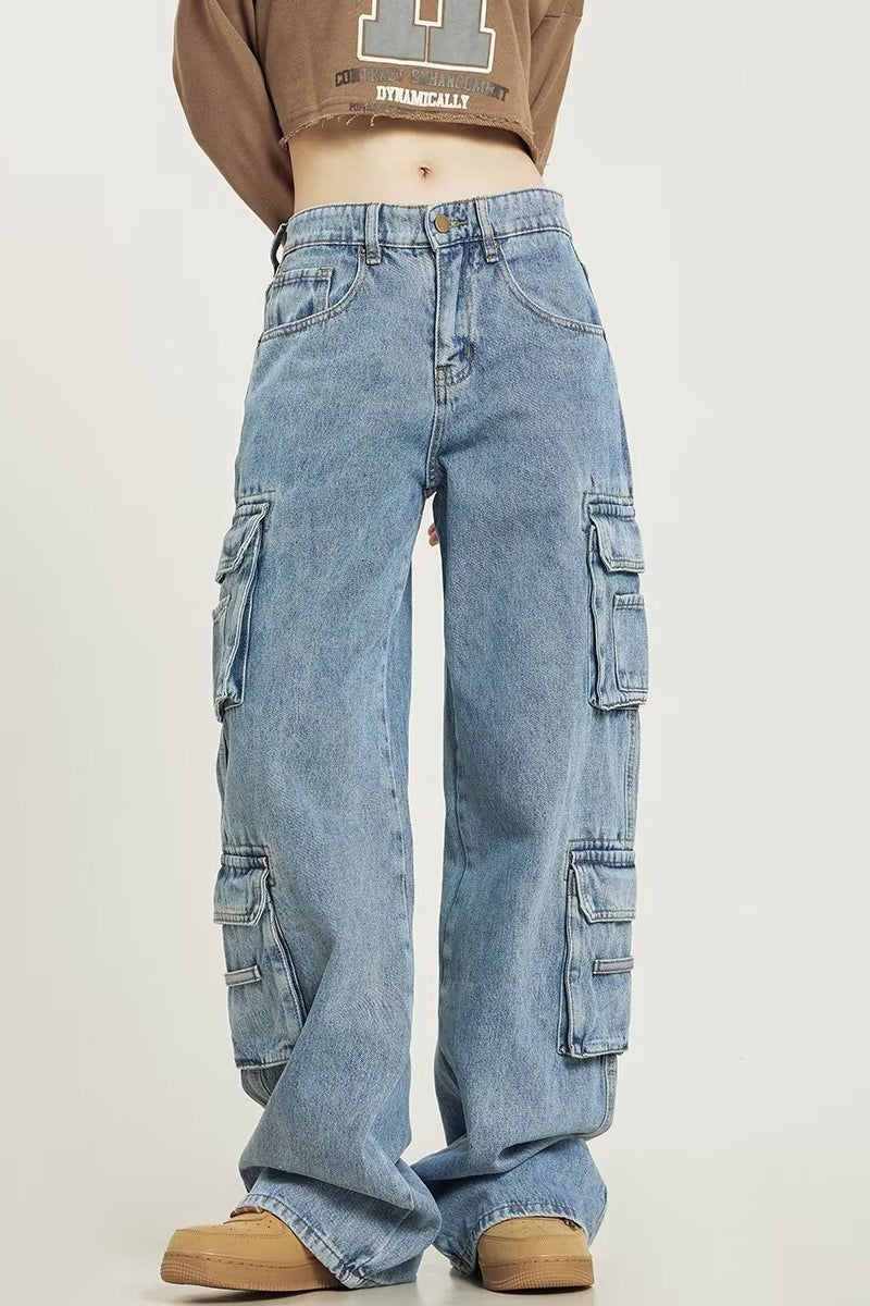 Vintage Washed Wide Leg Cargo Jeans